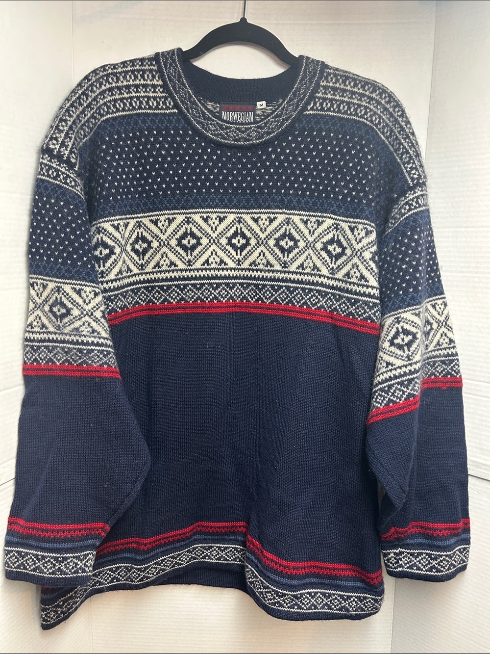 Traditional Norwegian Sweater. 
Nordic-Style Navy Crewneck 100% pure new wool
